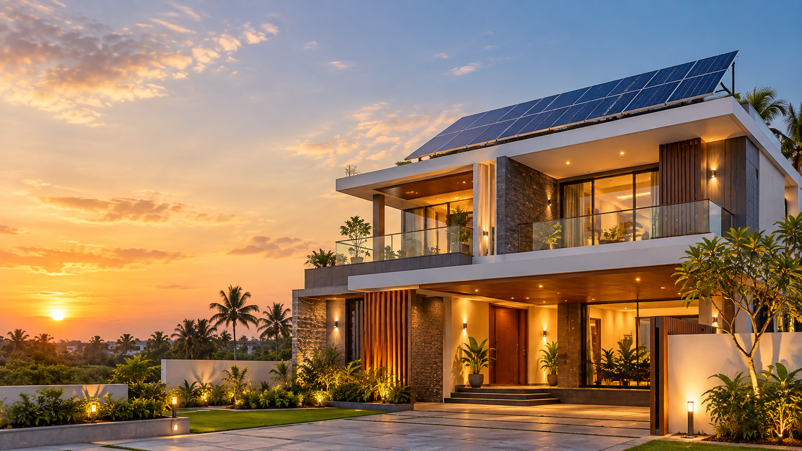 Modern home with rooftop solar panels